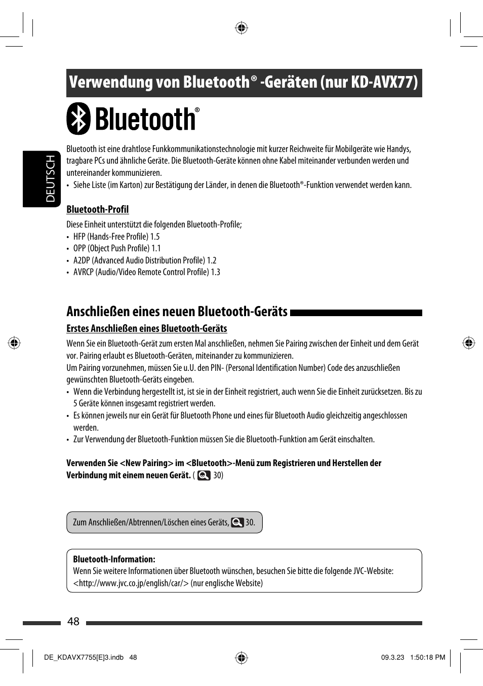 Verwendung von bluetooth ® -geräten (nur kd-avx77), Anschließen eines neuen bluetooth-geräts | JVC KD-AVX77 User Manual | Page 122 / 292