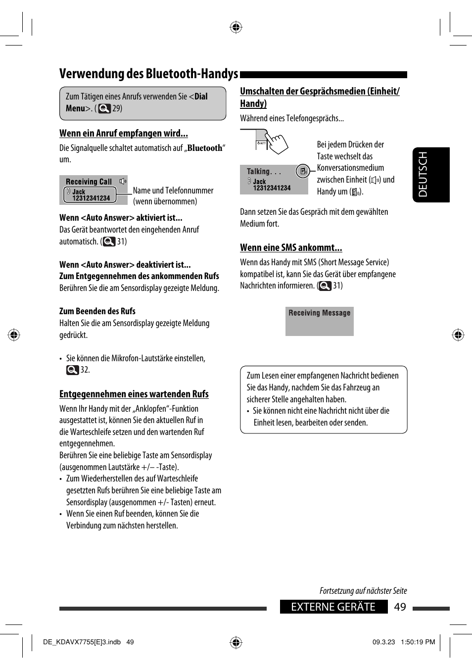 Verwendung des bluetooth-handys, 49 externe geräte deutsch | JVC KD-AVX77 User Manual | Page 123 / 292