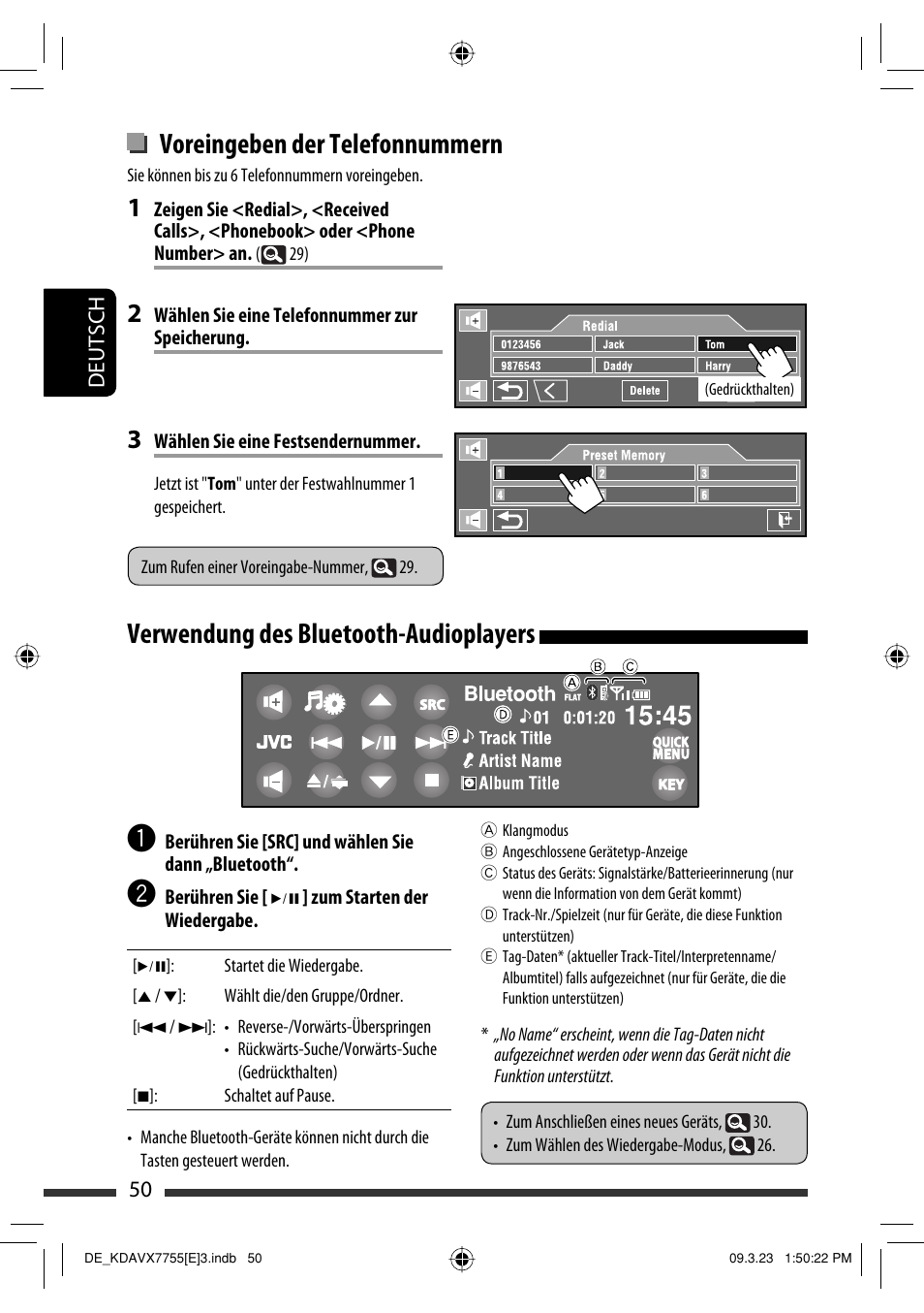 Voreingeben der telefonnummern, Verwendung des bluetooth-audioplayers | JVC KD-AVX77 User Manual | Page 124 / 292