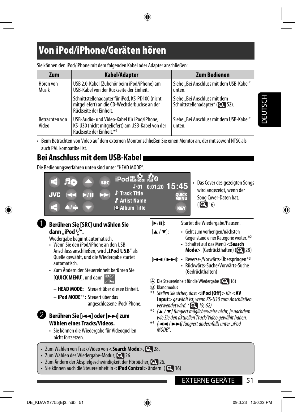 Von ipod/iphone/geräten hören, Bei anschluss mit dem usb-kabel, 51 externe geräte deutsch | JVC KD-AVX77 User Manual | Page 125 / 292
