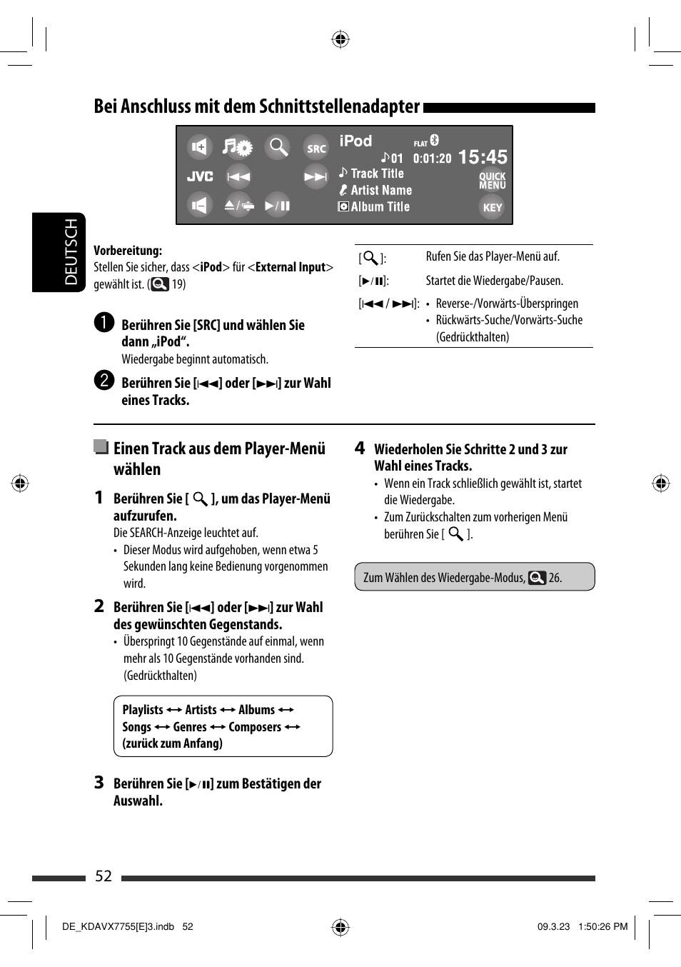 Bei anschluss mit dem schnittstellenadapter, Einen track aus dem player-menü wählen | JVC KD-AVX77 User Manual | Page 126 / 292