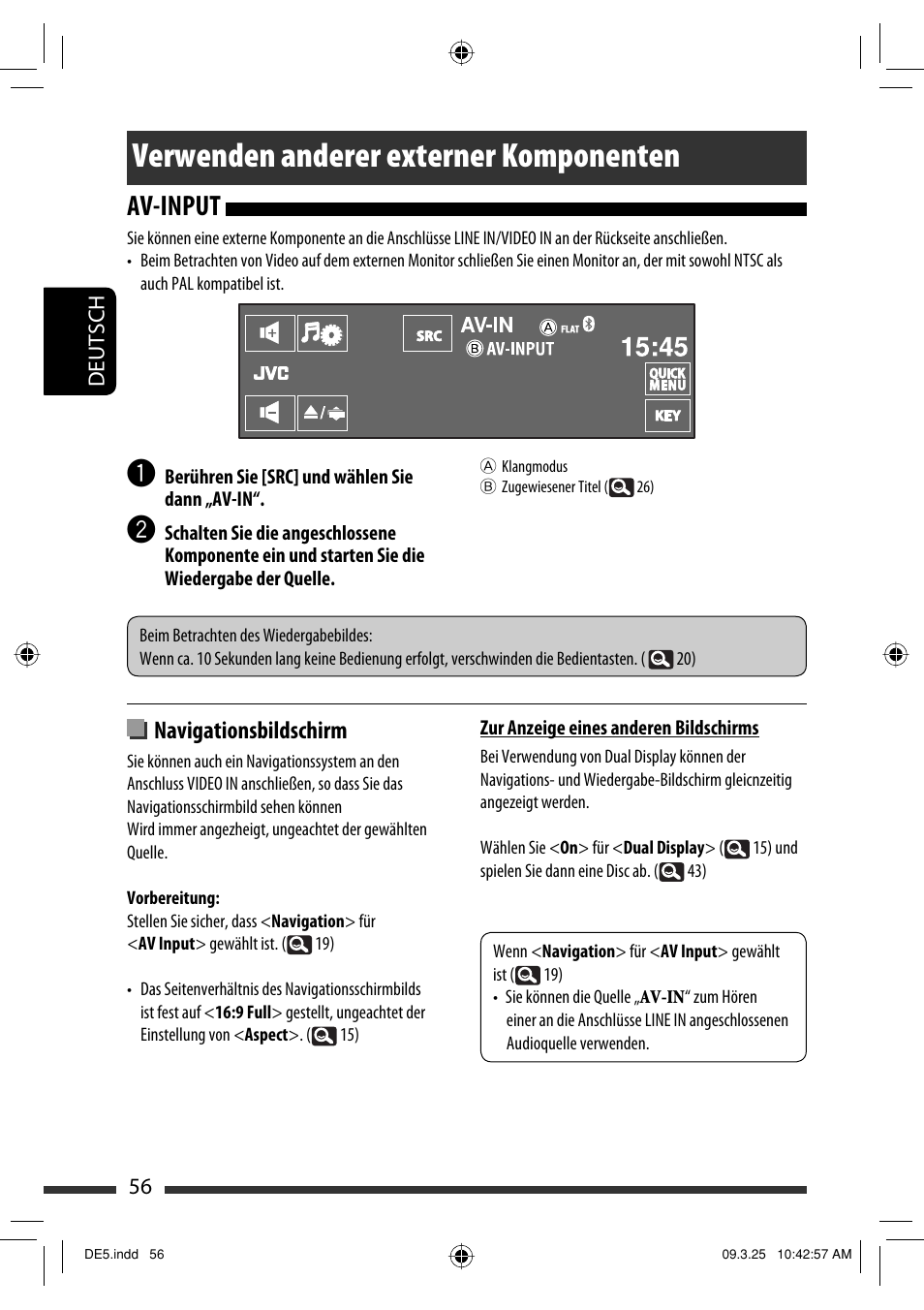 Verwenden anderer externer komponenten, Av-input, Navigationsbildschirm | JVC KD-AVX77 User Manual | Page 130 / 292