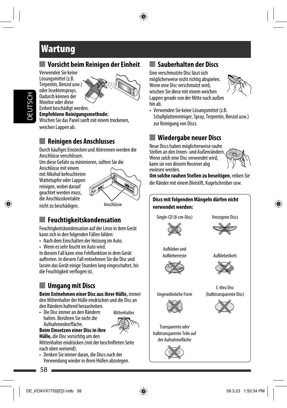 Wartung, Sauberhalten der discs, Wiedergabe neuer discs | Vorsicht beim reinigen der einheit, Reinigen des anschlusses, Feuchtigkeitskondensation, Umgang mit discs, 58 deutsch | JVC KD-AVX77 User Manual | Page 132 / 292