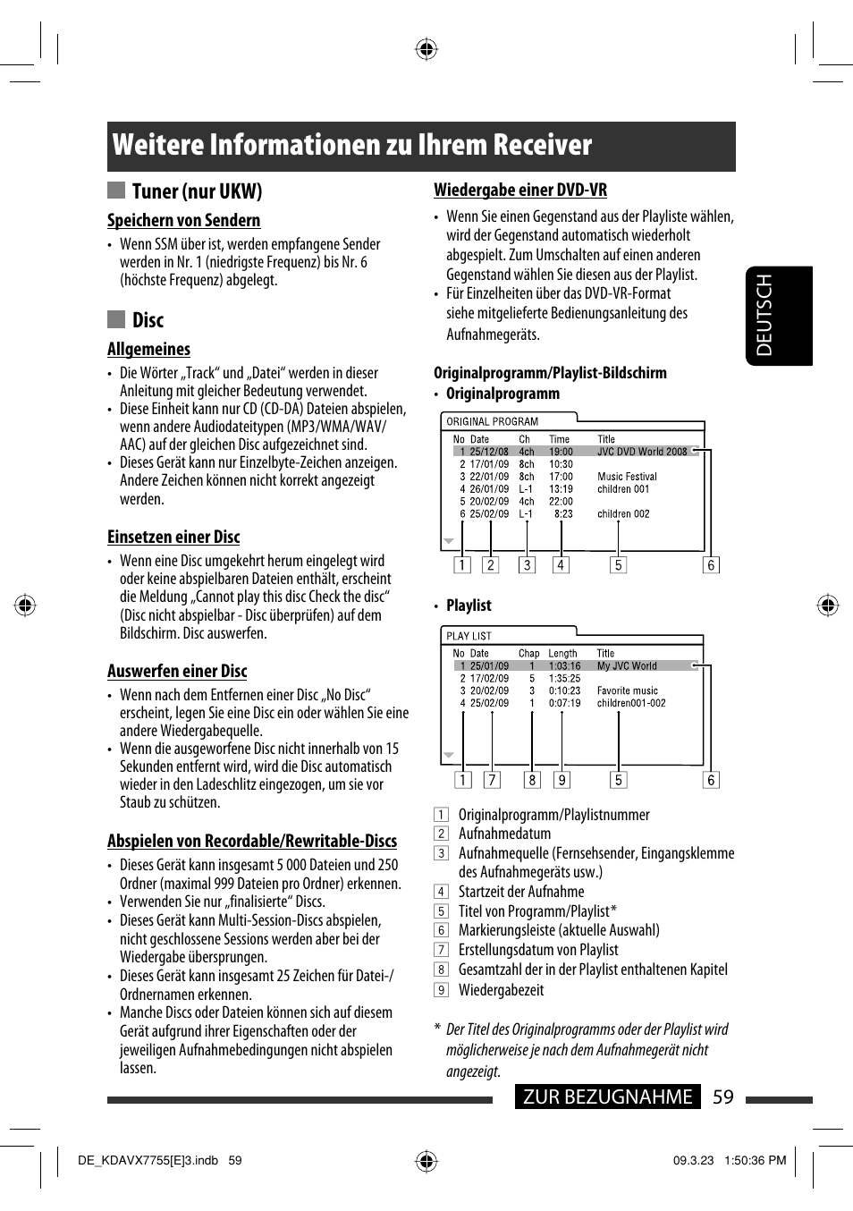 Weitere informationen zu ihrem receiver, Tuner (nur ukw), Disc | 59 zur bezugnahme deutsch | JVC KD-AVX77 User Manual | Page 133 / 292