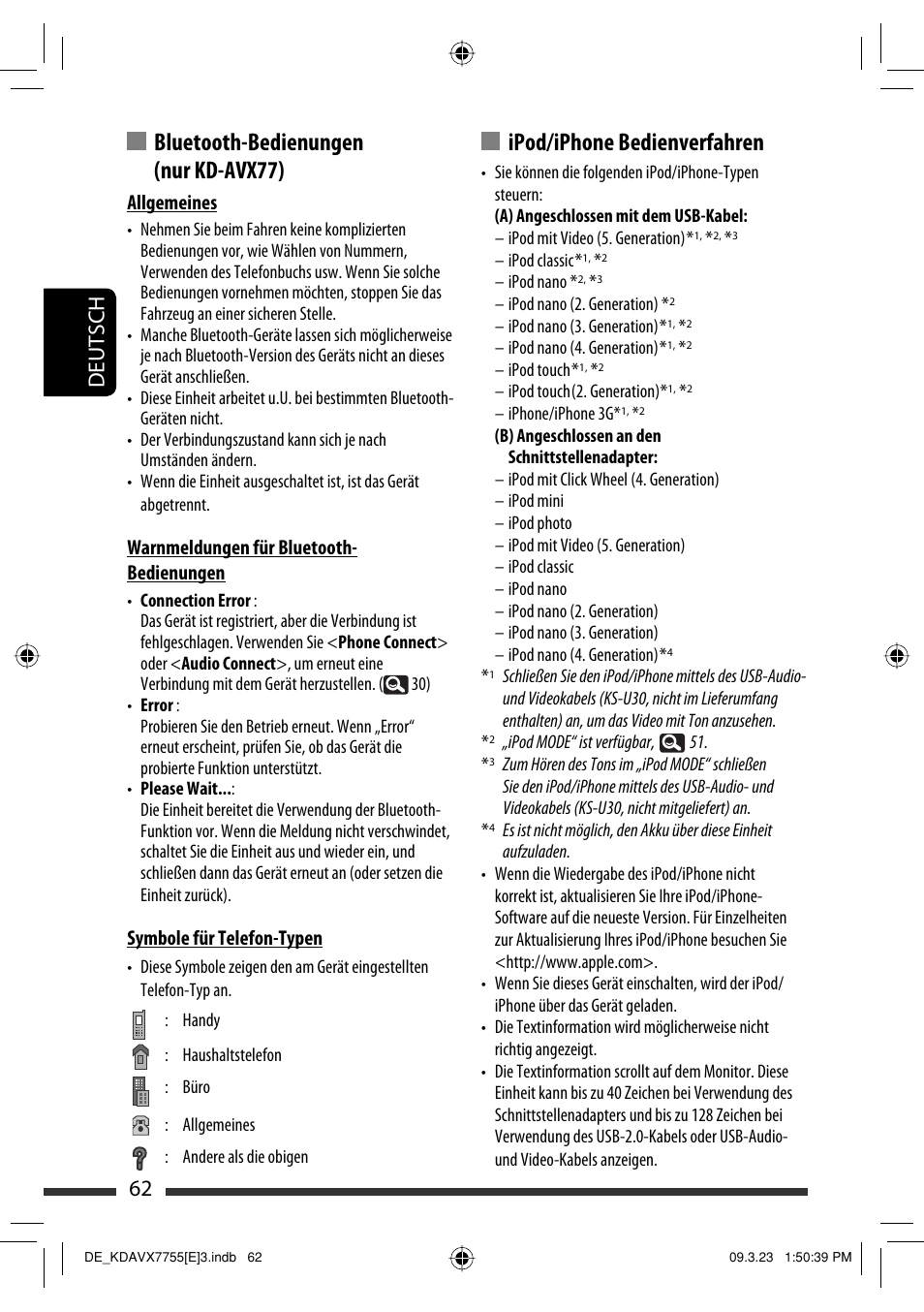 Ipod/iphone bedienverfahren, Bluetooth-bedienungen (nur kd-avx77), 62 deutsch | JVC KD-AVX77 User Manual | Page 136 / 292