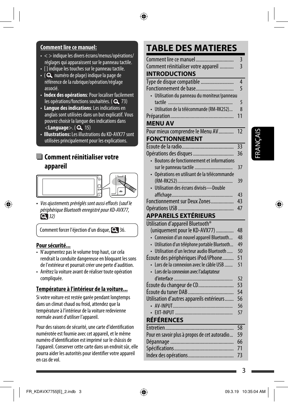 Table des matieres, Comment réinitialiser votre appareil, 3français | JVC KD-AVX77 User Manual | Page 149 / 292