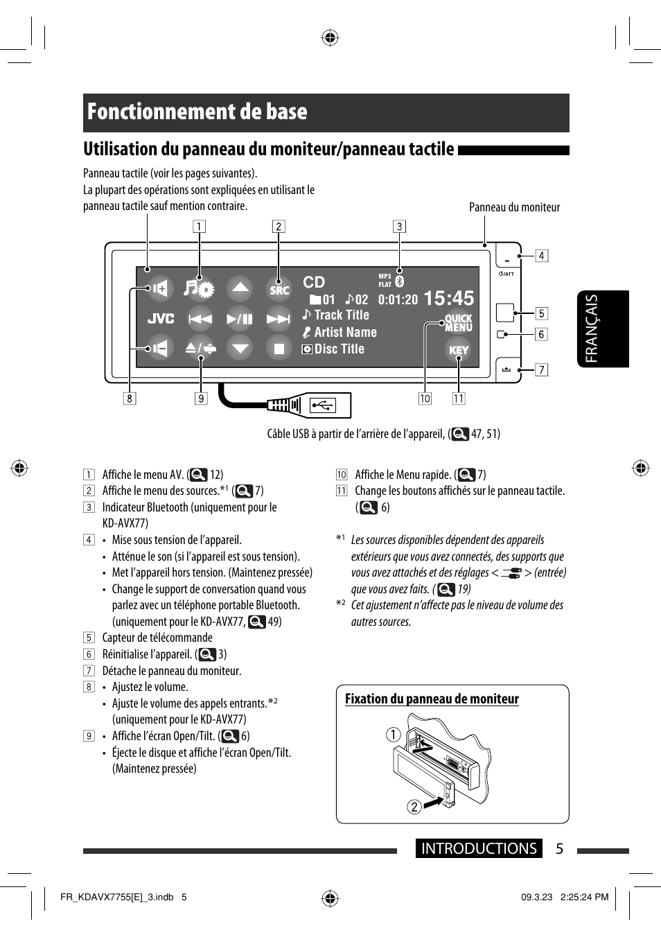 Fonctionnement de base, Utilisation du panneau du moniteur/panneau tactile, 5introductions français | JVC KD-AVX77 User Manual | Page 151 / 292