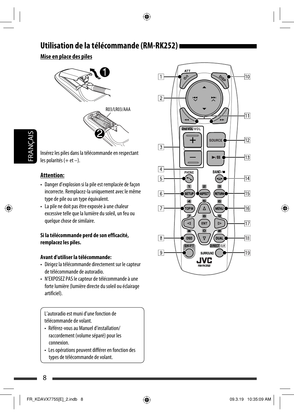 Utilisation de la télécommande (rm-rk252), 8français | JVC KD-AVX77 User Manual | Page 154 / 292