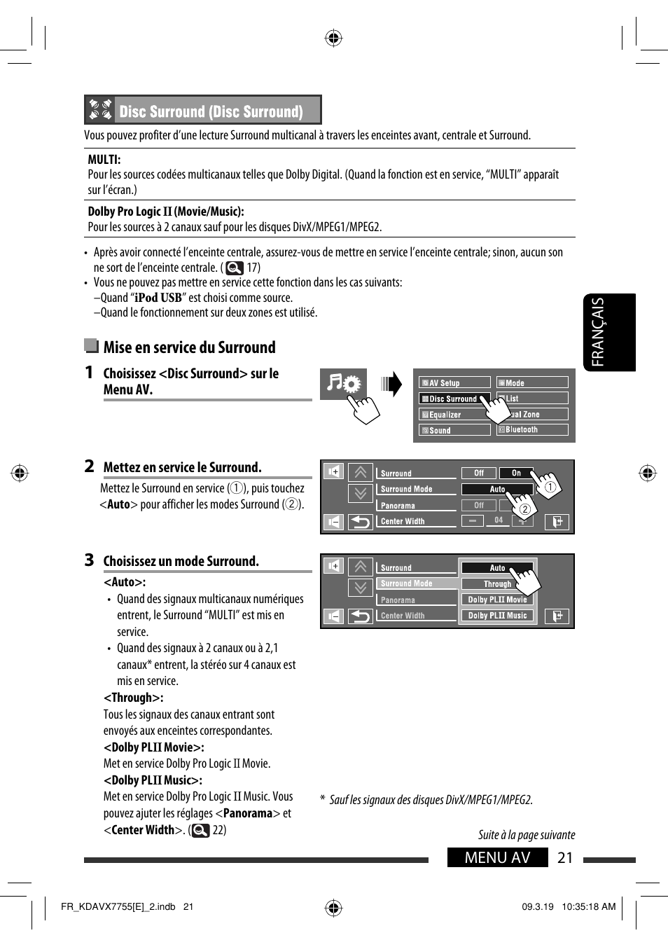 Mise en service du surround, 21 menu av français | JVC KD-AVX77 User Manual | Page 167 / 292