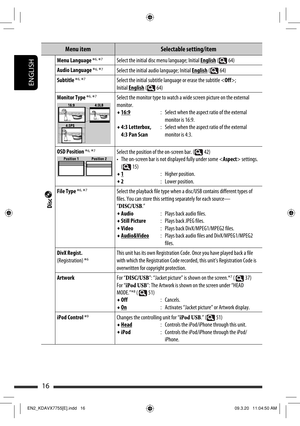 16 english, Menu item selectable setting/item disc | JVC KD-AVX77 User Manual | Page 18 / 292