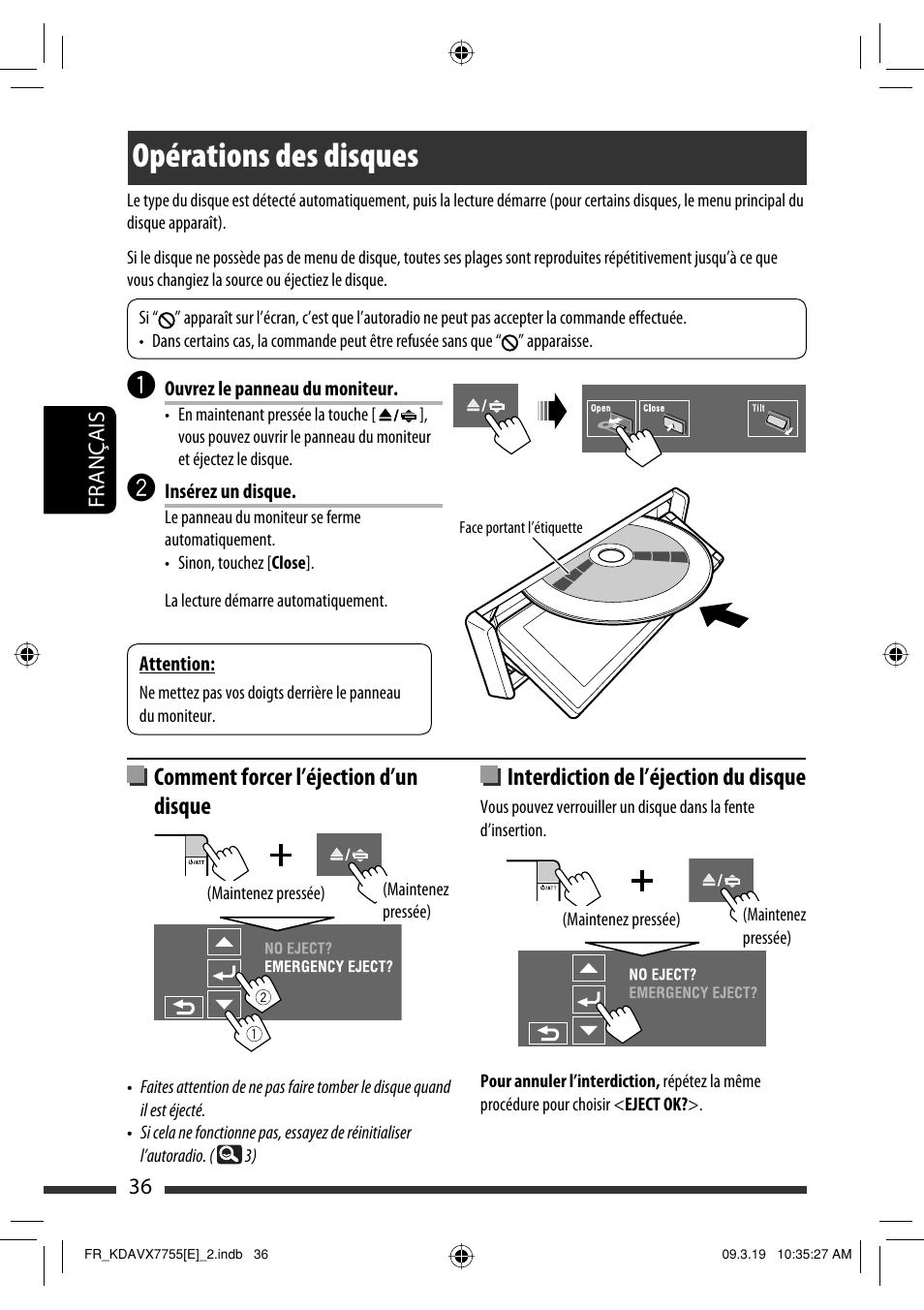 Opérations des disques, Comment forcer l’éjection d’un disque, Interdiction de l’éjection du disque | JVC KD-AVX77 User Manual | Page 182 / 292