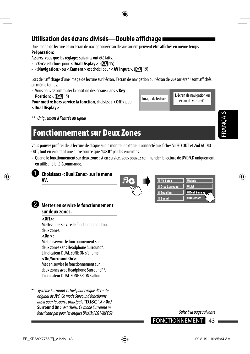 Fonctionnement sur deux zones, Utilisation des écrans divisés—double affichage, 43 fonctionnement français | JVC KD-AVX77 User Manual | Page 189 / 292