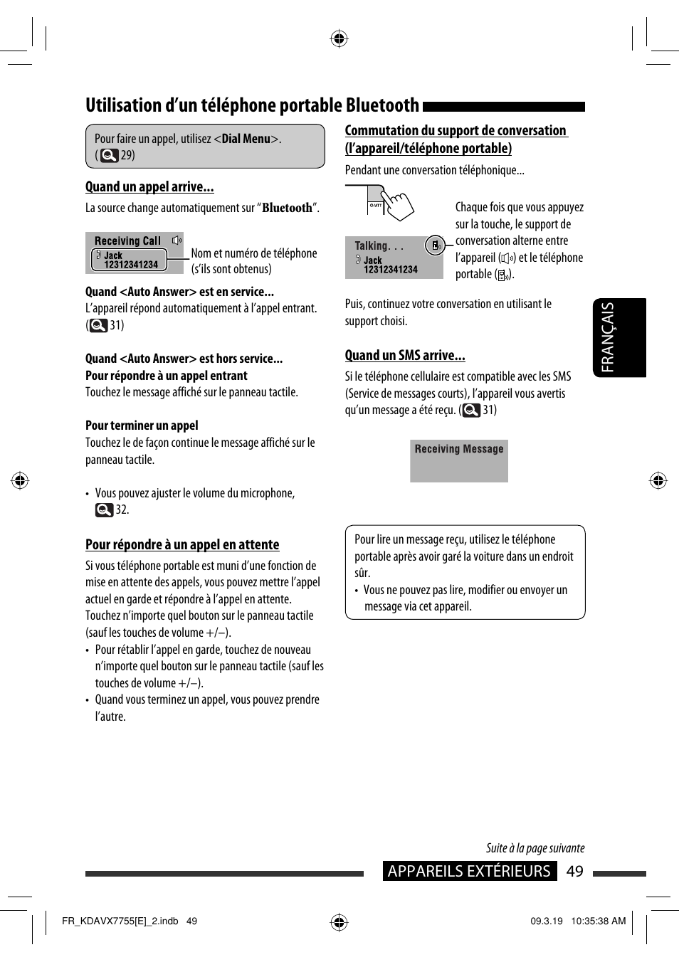 Utilisation d’un téléphone portable bluetooth, 49 appareils extérieurs français | JVC KD-AVX77 User Manual | Page 195 / 292