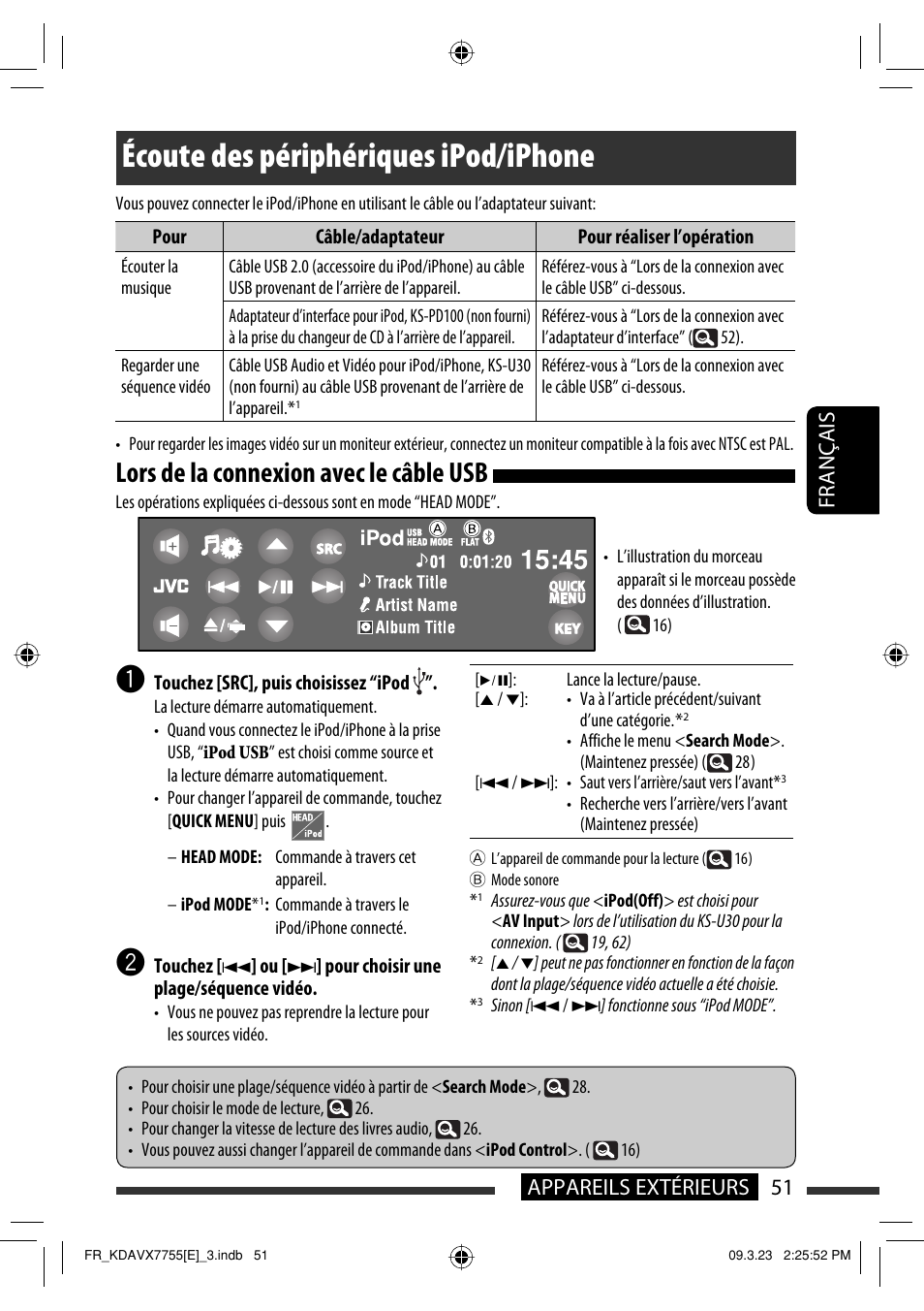 Écoute des périphériques ipod/iphone, Lors de la connexion avec le câble usb, 51 appareils extérieurs français | JVC KD-AVX77 User Manual | Page 197 / 292