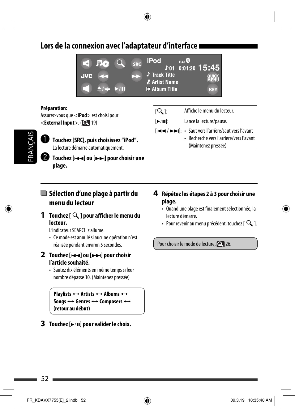 Lors de la connexion avec l’adaptateur d’interface, Sélection d’une plage à partir du menu du lecteur | JVC KD-AVX77 User Manual | Page 198 / 292