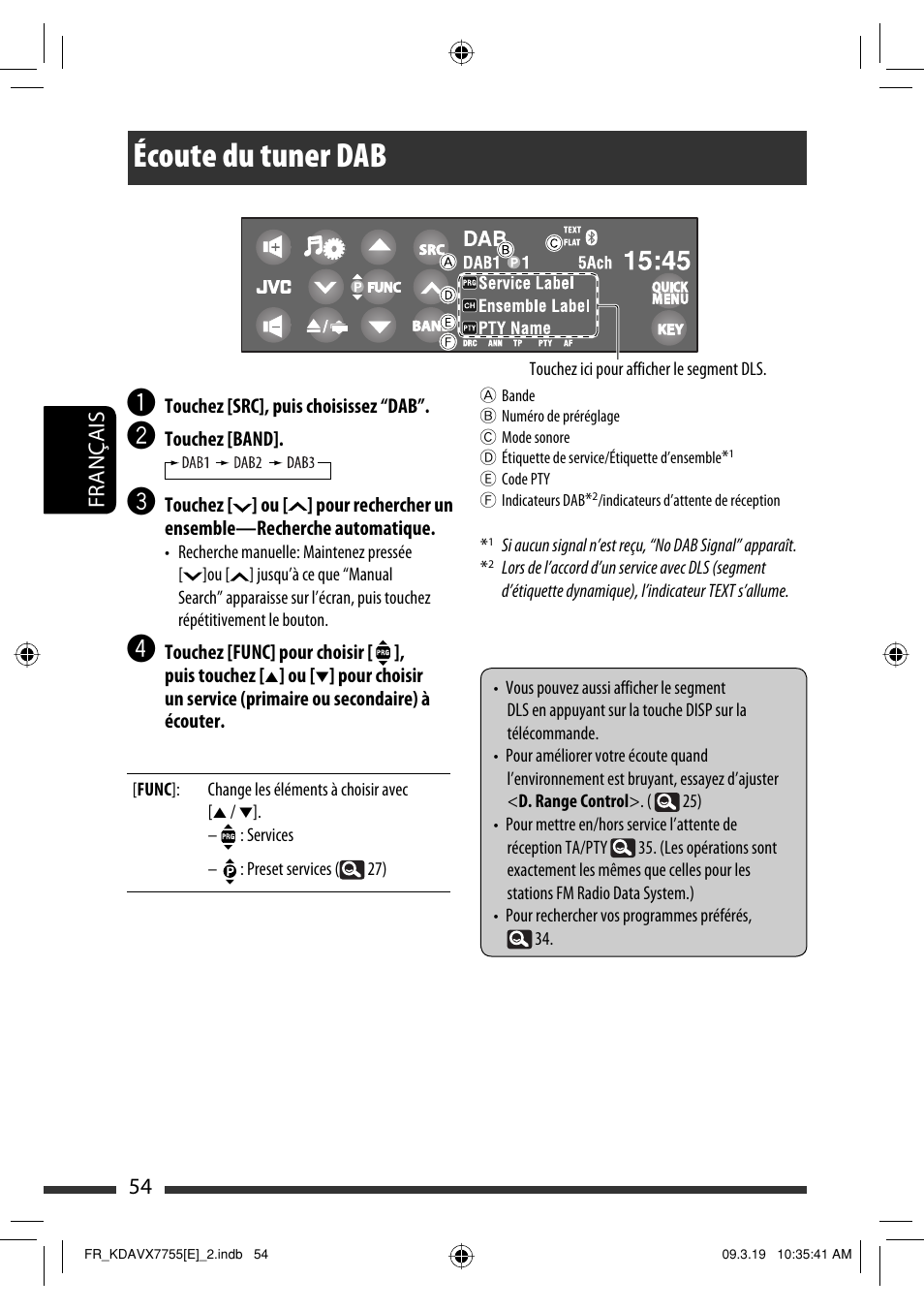 Écoute du tuner dab, 54 français | JVC KD-AVX77 User Manual | Page 200 / 292