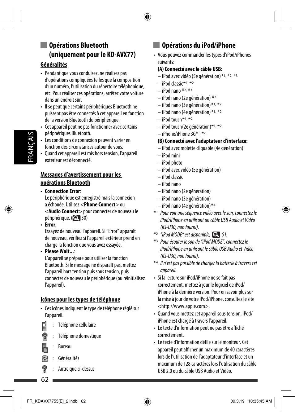 Opérations du ipod/iphone, Opérations bluetooth (uniquement pour le kd-avx77), 62 français | Généralités, Icônes pour les types de téléphone | JVC KD-AVX77 User Manual | Page 208 / 292