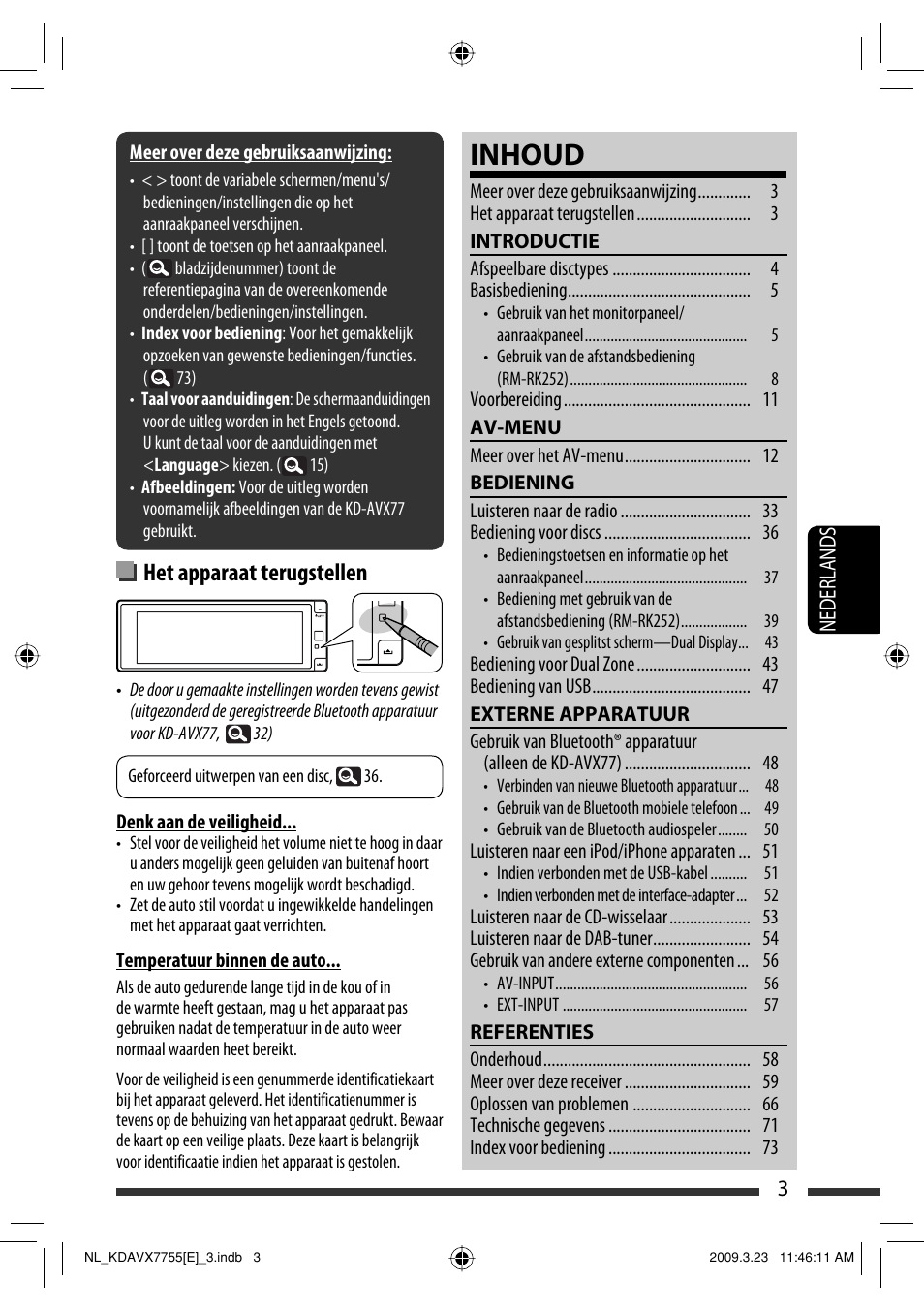 Inhoud, Het apparaat terugstellen, 3nederlands | JVC KD-AVX77 User Manual | Page 221 / 292