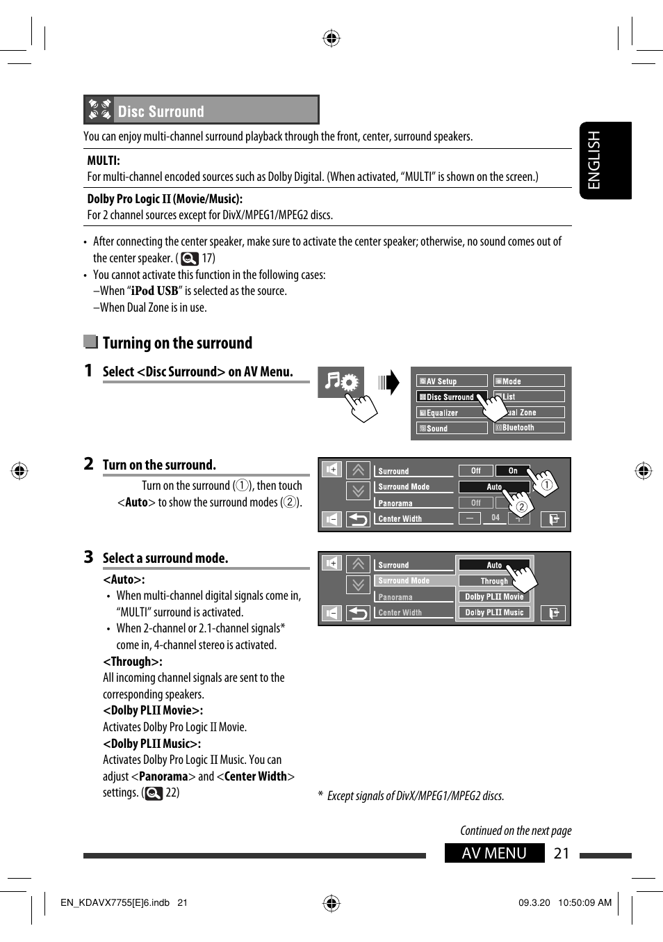 Turning on the surround, 21 av menu english | JVC KD-AVX77 User Manual | Page 23 / 292