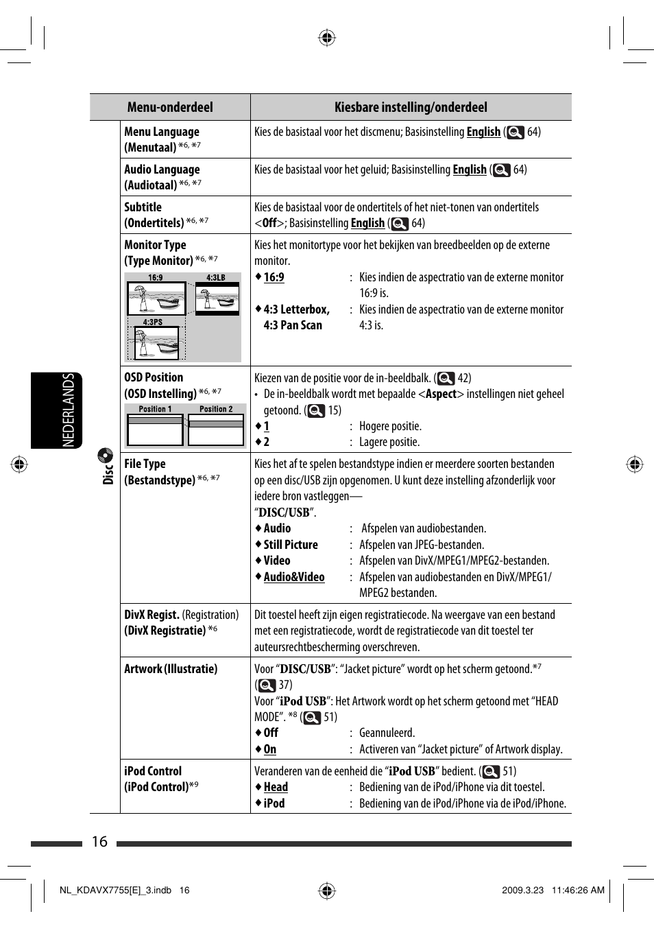 16 nederlands, Menu-onderdeel kiesbare instelling/onderdeel disc | JVC KD-AVX77 User Manual | Page 234 / 292