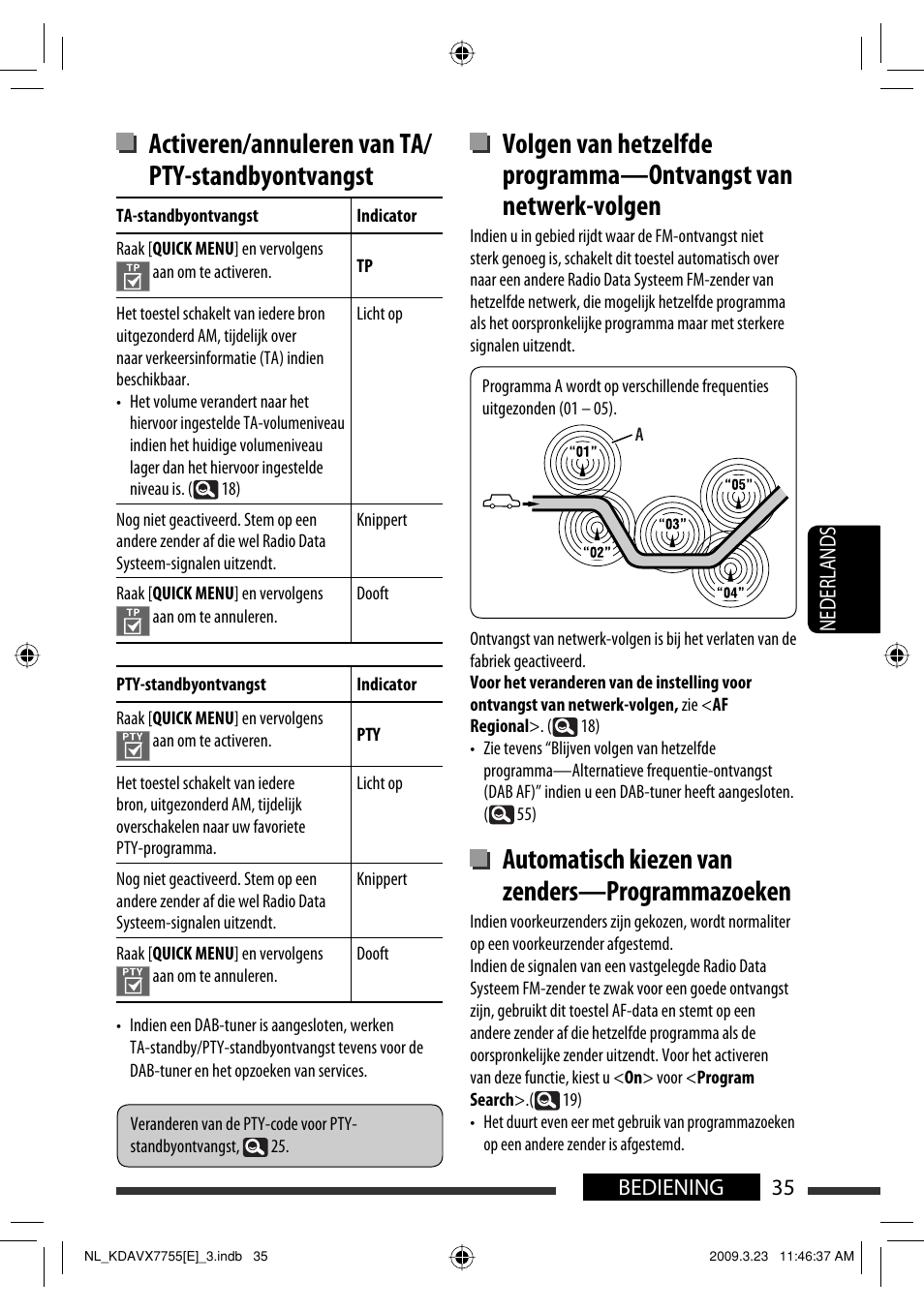 Activeren/annuleren van ta/ pty-standbyontvangst, Automatisch kiezen van zenders—programmazoeken | JVC KD-AVX77 User Manual | Page 253 / 292