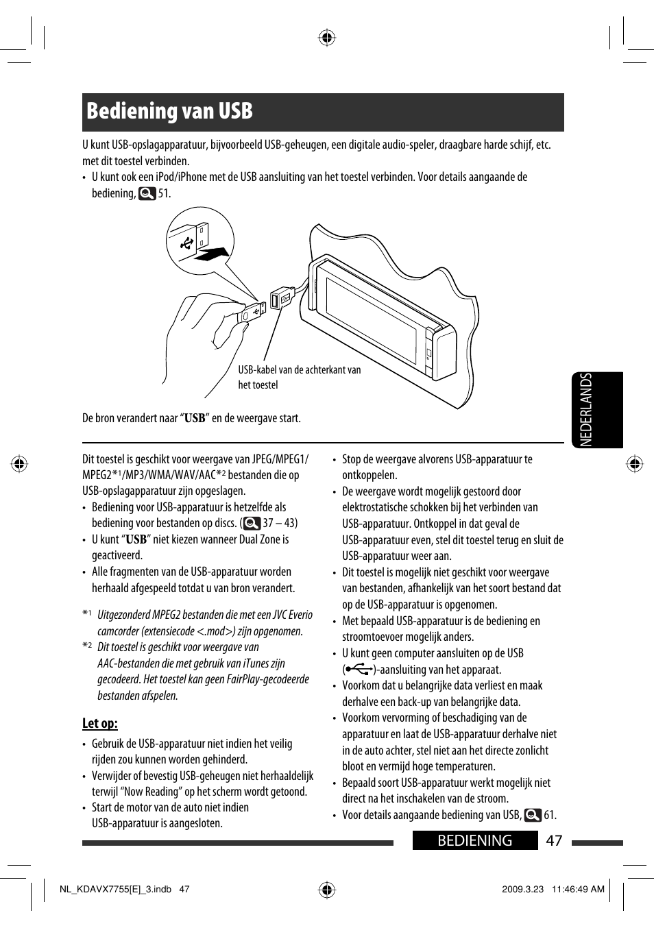 Bediening van usb, 47 bediening nederlands | JVC KD-AVX77 User Manual | Page 265 / 292