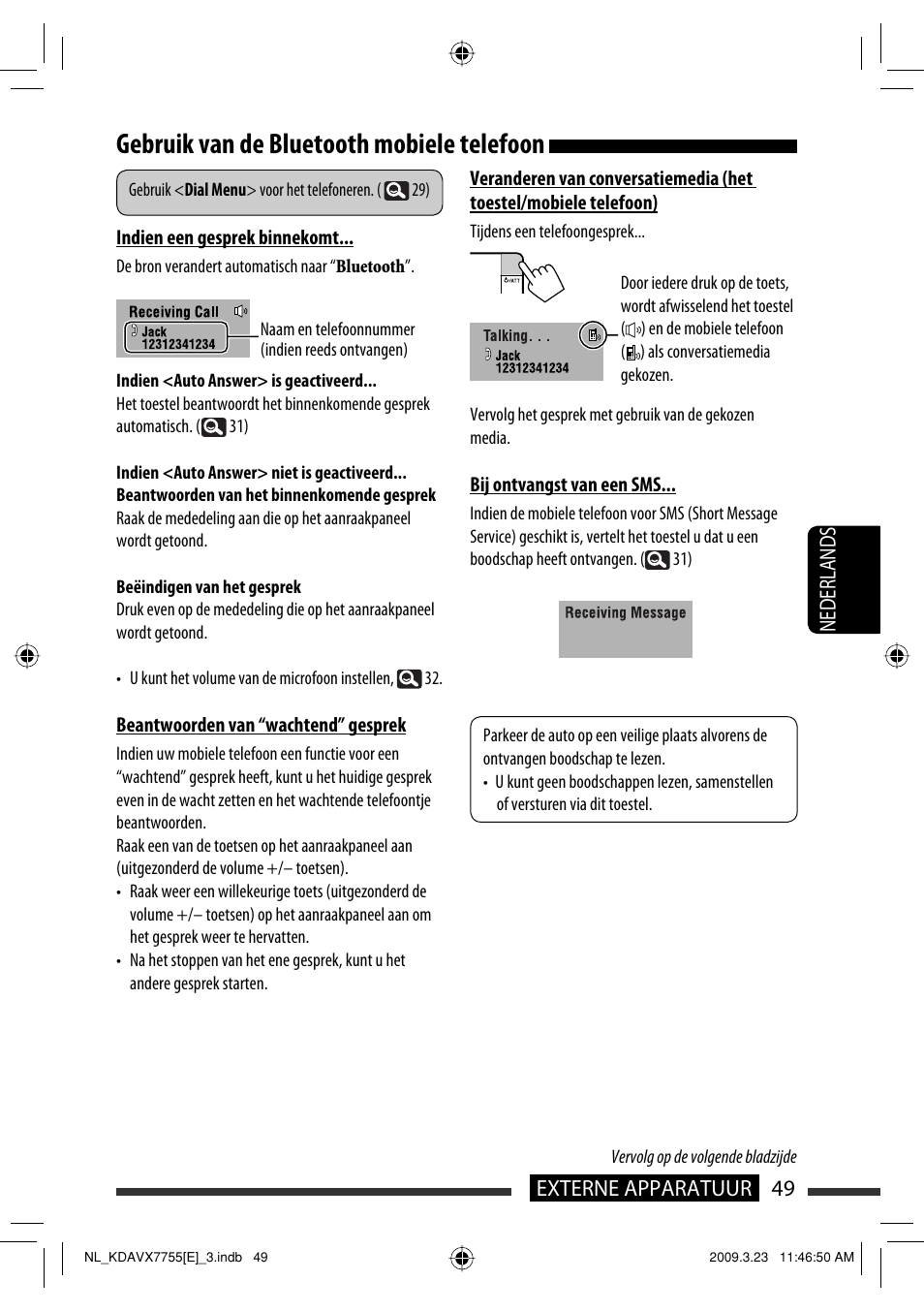 Gebruik van de bluetooth mobiele telefoon, 49 externe apparatuur, Nederlands | JVC KD-AVX77 User Manual | Page 267 / 292