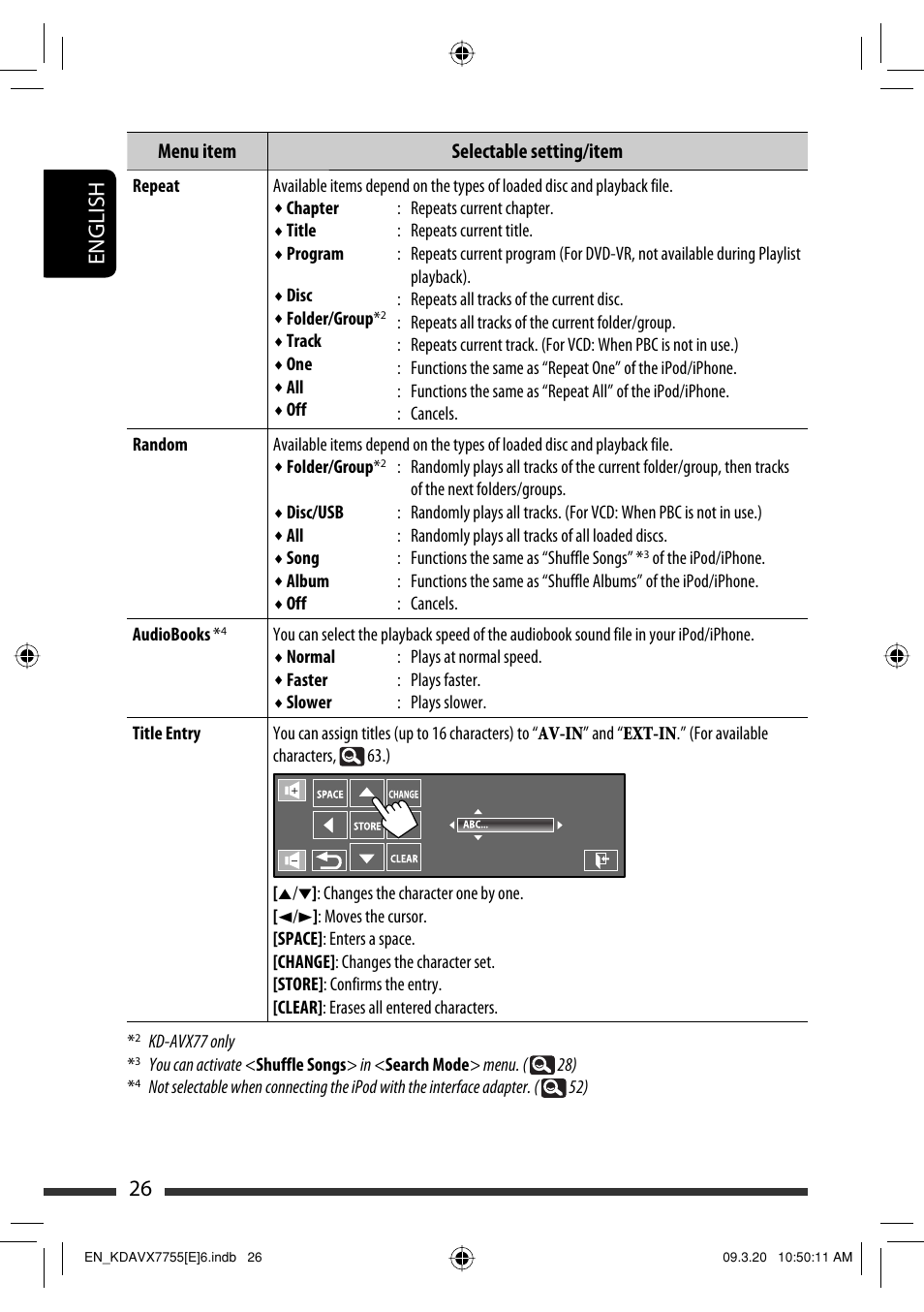 26 english, Menu item selectable setting/item | JVC KD-AVX77 User Manual | Page 28 / 292