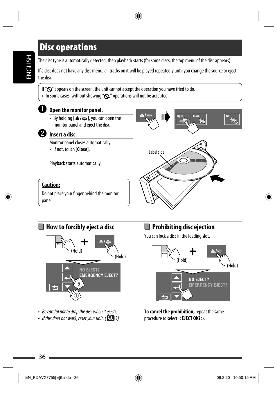 Disc operations, How to forcibly eject a disc, Prohibiting disc ejection | JVC KD-AVX77 User Manual | Page 38 / 292