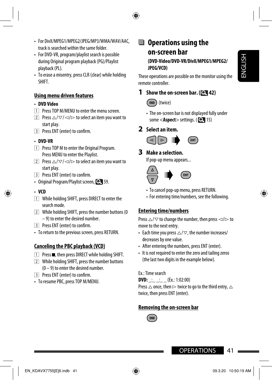 Operations using the on-screen bar, 41 operations english | JVC KD-AVX77 User Manual | Page 43 / 292