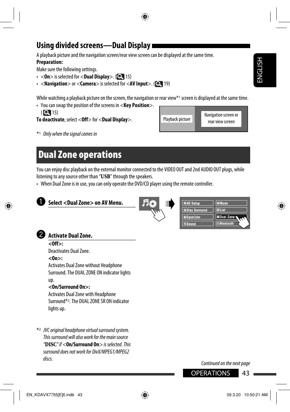 Using divided screens—dual display, Dual zone operations, 43 operations english | JVC KD-AVX77 User Manual | Page 45 / 292