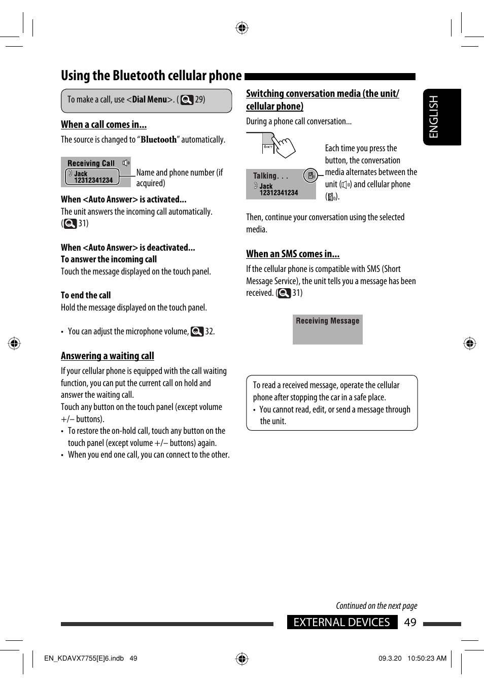 Using the bluetooth cellular phone, 49 external devices english | JVC KD-AVX77 User Manual | Page 51 / 292