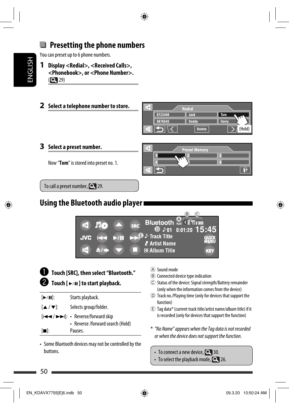 Using the bluetooth audio player, Presetting the phone numbers | JVC KD-AVX77 User Manual | Page 52 / 292