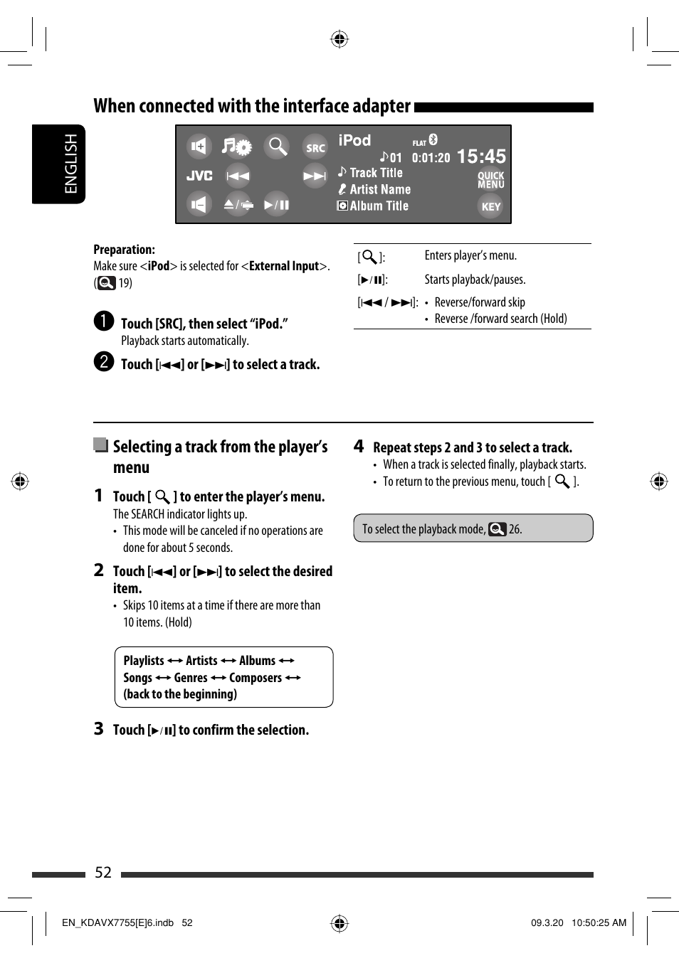 When connected with the interface adapter, Selecting a track from the player’s menu | JVC KD-AVX77 User Manual | Page 54 / 292