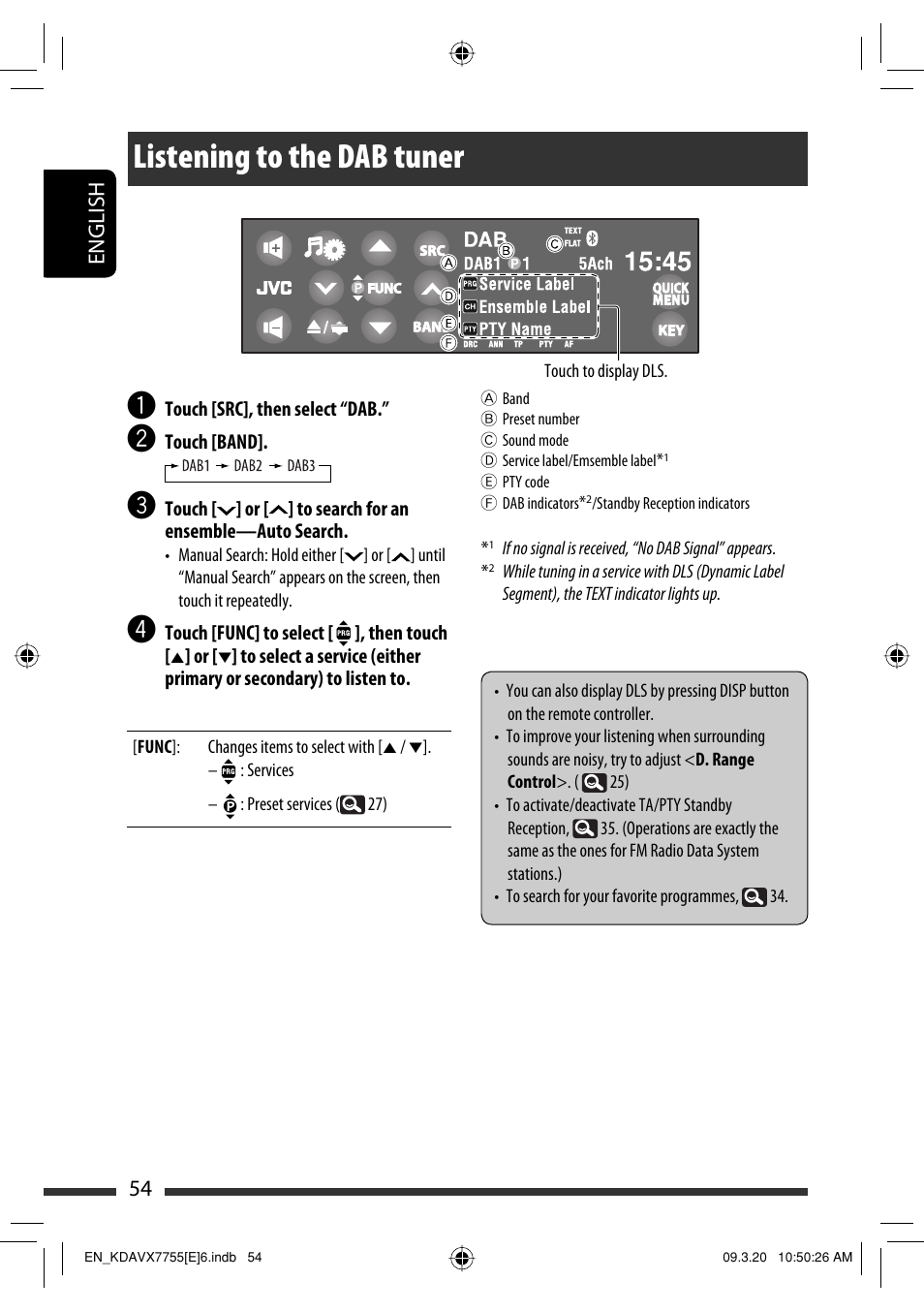 Listening to the dab tuner, 54 english | JVC KD-AVX77 User Manual | Page 56 / 292