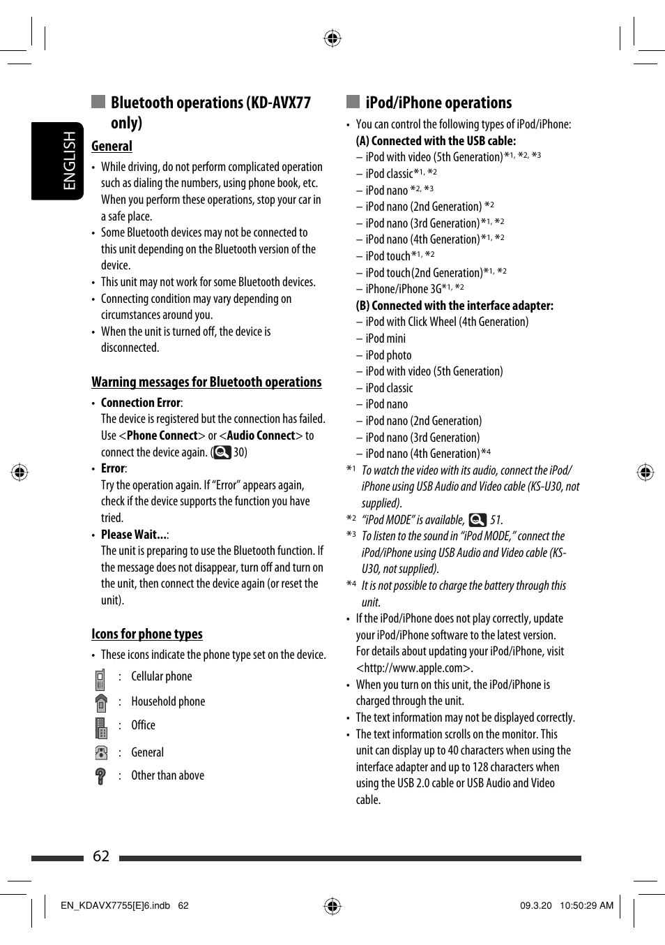 Ipod/iphone operations, Bluetooth operations (kd-avx77 only), 62 english | General, Warning messages for bluetooth operations, Icons for phone types | JVC KD-AVX77 User Manual | Page 64 / 292