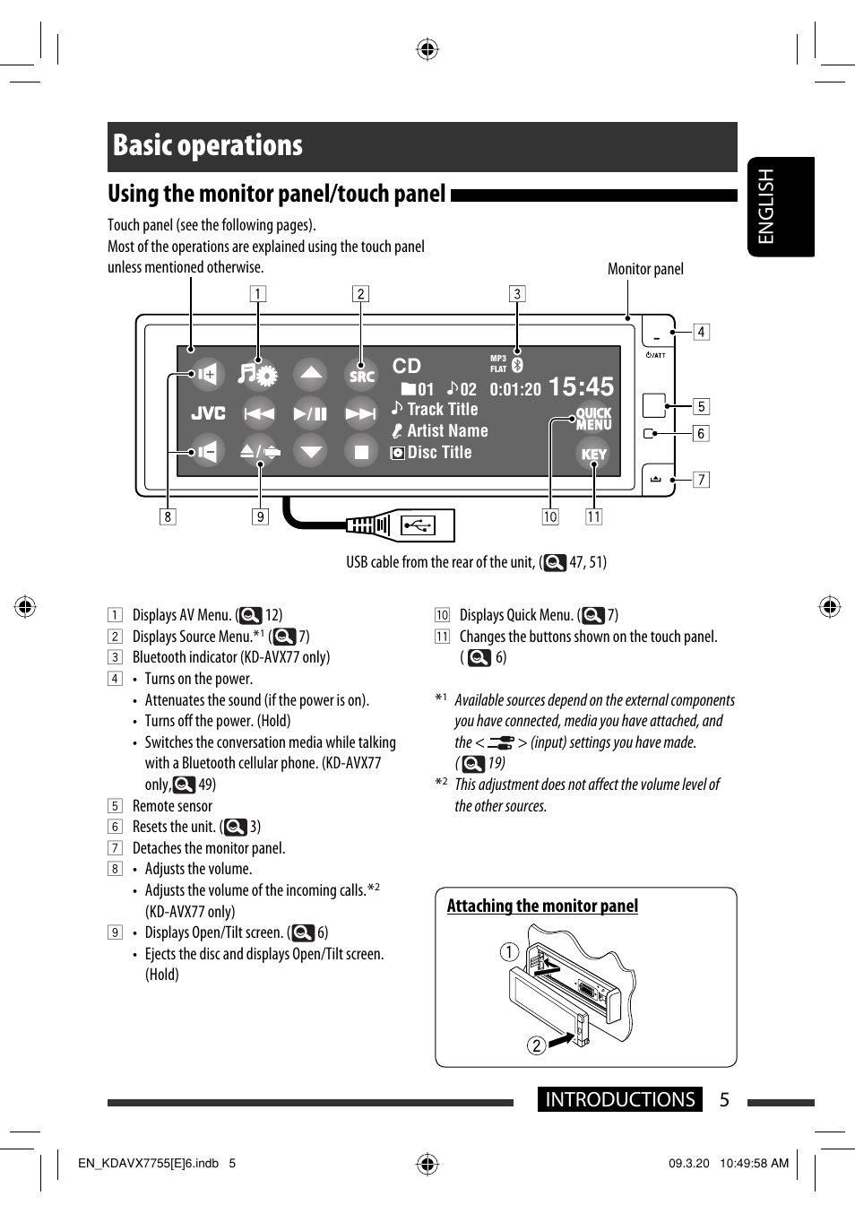 Basic operations, Using the monitor panel/touch panel, 5introductions english | JVC KD-AVX77 User Manual | Page 7 / 292