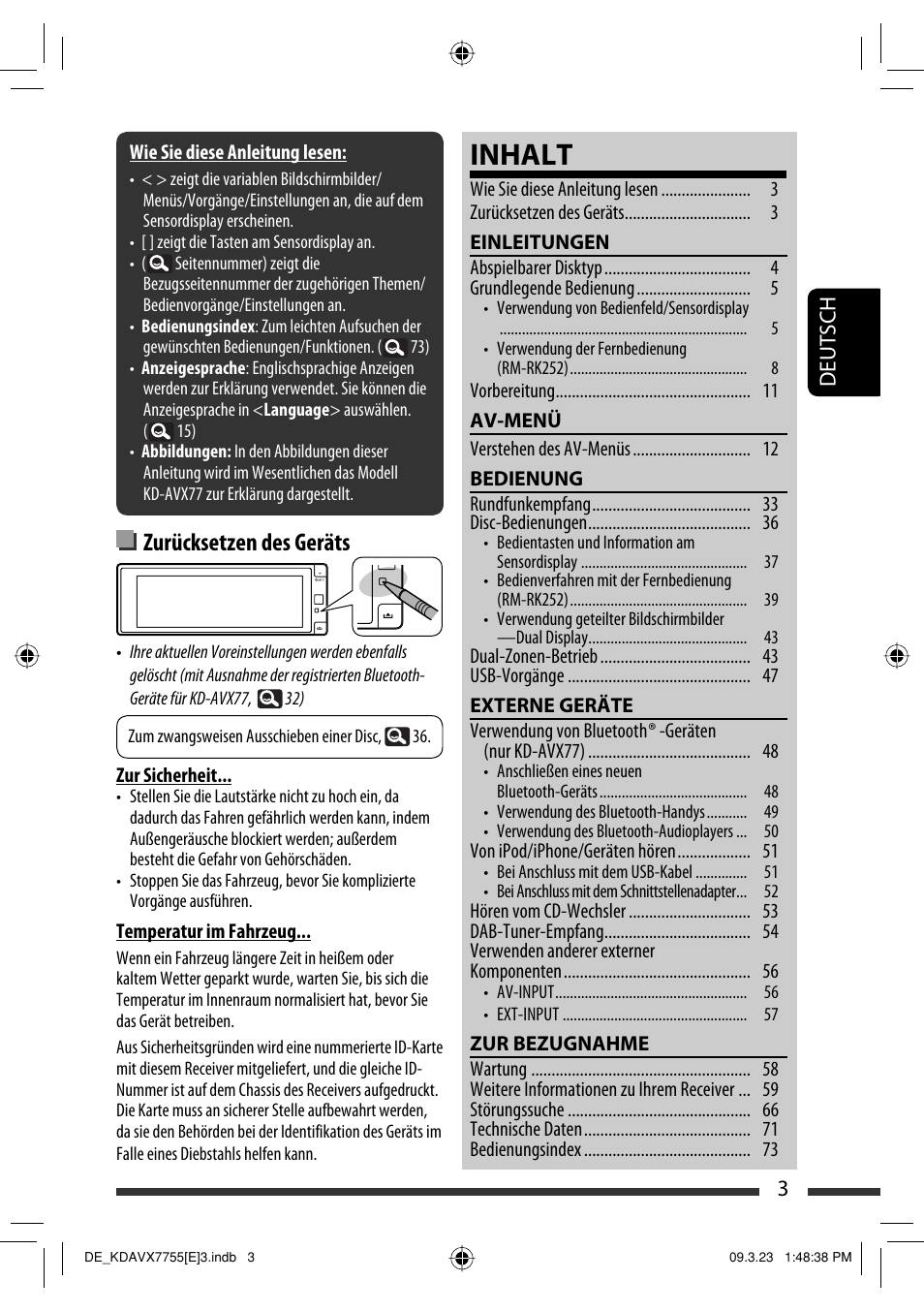 Inhalt, Zurücksetzen des geräts, 3deutsch | JVC KD-AVX77 User Manual | Page 77 / 292