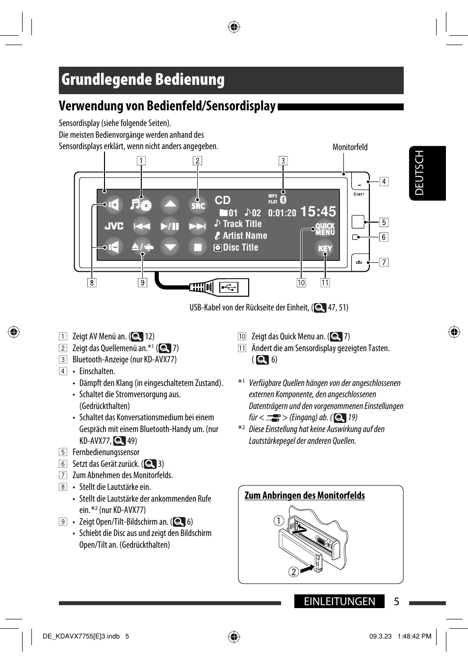 Grundlegende bedienung, Verwendung von bedienfeld/sensordisplay, 5einleitungen deutsch | JVC KD-AVX77 User Manual | Page 79 / 292