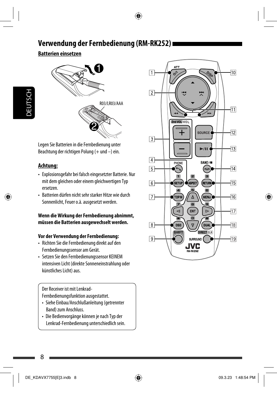 Verwendung der fernbedienung (rm-rk252), 8deutsch | JVC KD-AVX77 User Manual | Page 82 / 292