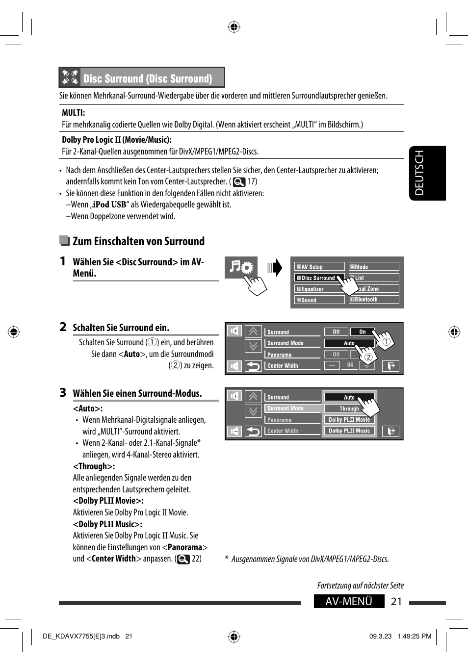 Zum einschalten von surround, 21 av-menü deutsch | JVC KD-AVX77 User Manual | Page 95 / 292