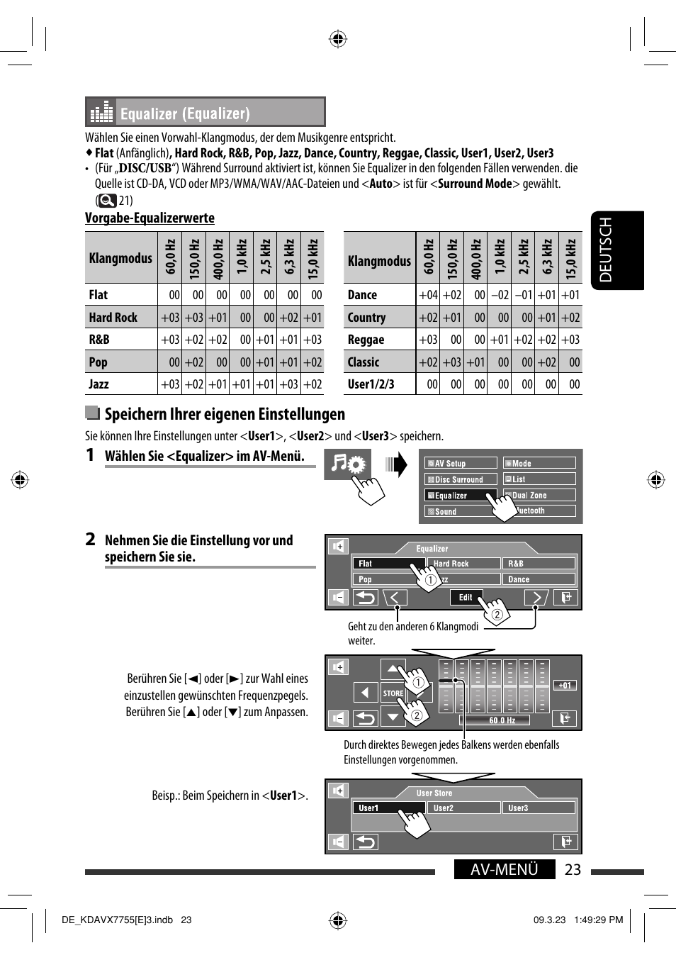 Speichern ihrer eigenen einstellungen, 23 av-menü deutsch | JVC KD-AVX77 User Manual | Page 97 / 292