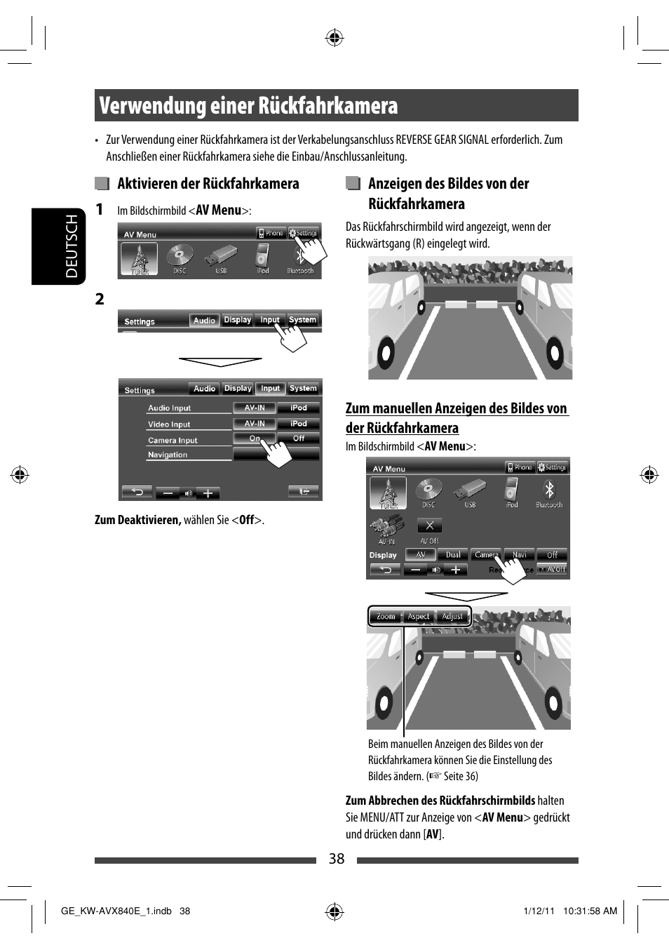 Verwendung einer rückfahrkamera, Aktivieren der rückfahrkamera, Anzeigen des bildes von der rückfahrkamera | JVC KW-AVX840 User Manual | Page 102 / 261