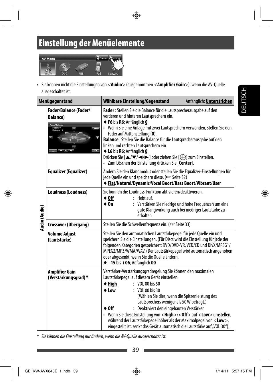 Einstellung der menüelemente | JVC KW-AVX840 User Manual | Page 103 / 261