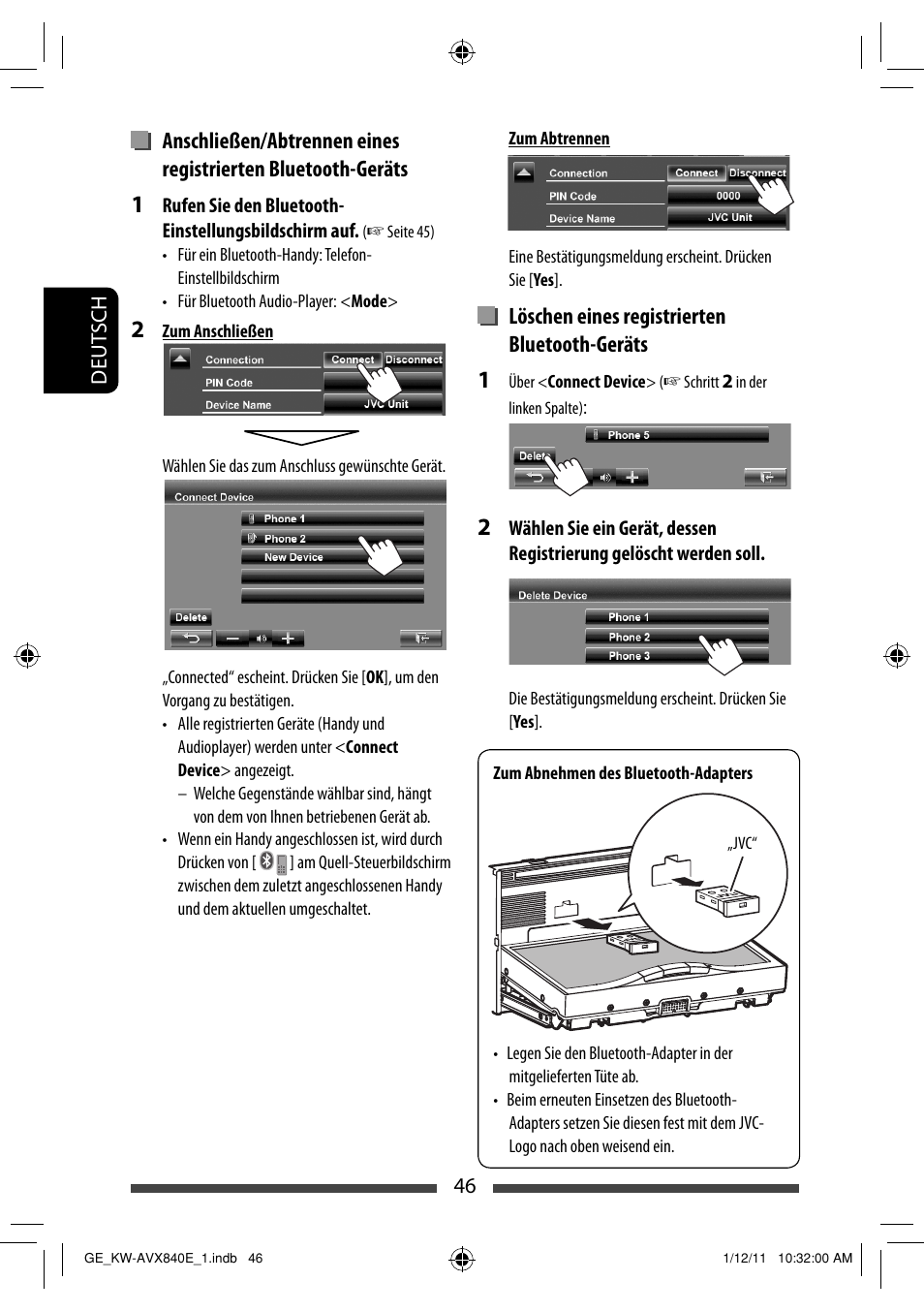 Löschen eines registrierten bluetooth-geräts | JVC KW-AVX840 User Manual | Page 110 / 261