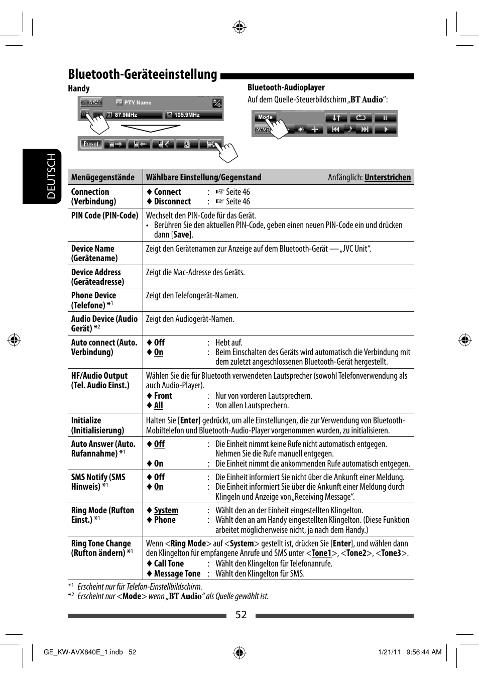 Bluetooth-geräteeinstellung, 52 deut sch | JVC KW-AVX840 User Manual | Page 116 / 261