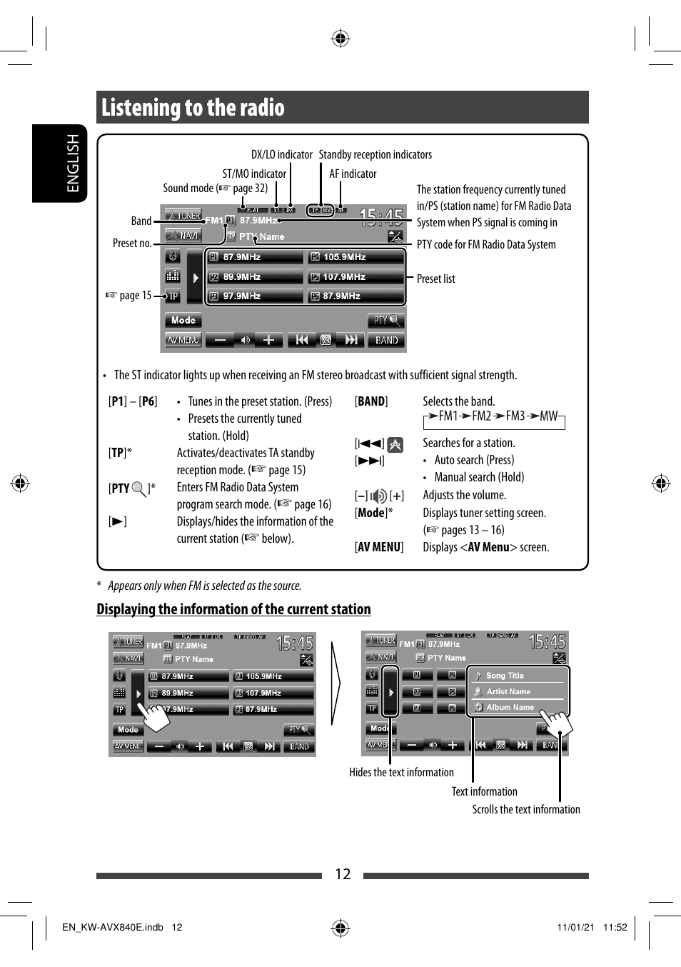 Listening to the radio, 12 english, Displaying the information of the current station | JVC KW-AVX840 User Manual | Page 12 / 261
