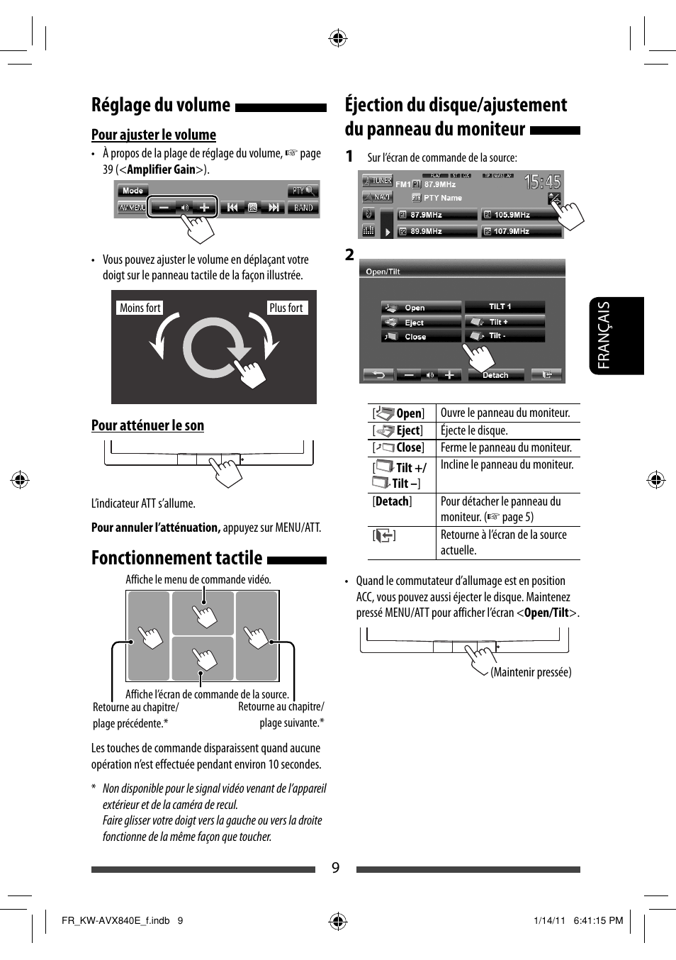 Réglage du volume, Fonctionnement tactile | JVC KW-AVX840 User Manual | Page 137 / 261