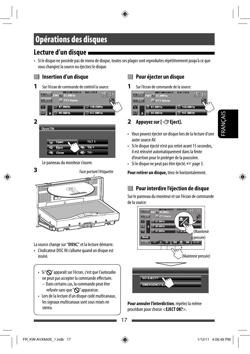 Opérations des disques, Lecture d’un disque | JVC KW-AVX840 User Manual | Page 145 / 261