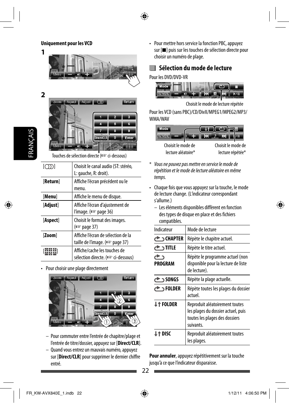 Sélection du mode de lecture | JVC KW-AVX840 User Manual | Page 150 / 261